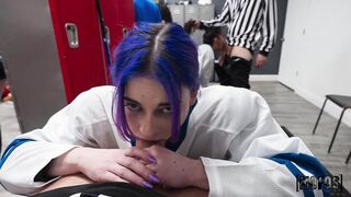 Claire Black and Audrey Black get dirty in the locker room, with a messy facial finish