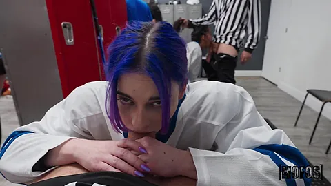 Claire Black and Audrey Black get dirty in the locker room, with a messy facial finish