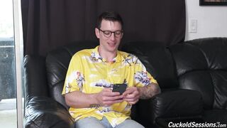 Submissive cuckold man watches as hotwife Jackie Hoff humiliates him with interracial sex and big black cock