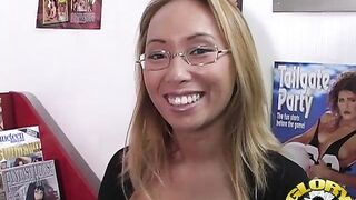 Watch Bamboo, the faceless fuck, deep throat queen, get a cumshot in her mouth while getting pounded in public