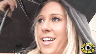 Carla Cox goes wild in a public blowjob frenzy and takes a cum load in her mouth