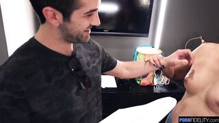 Miranda Miller & her man take turns deepthroating and fucking hard in a wild behind-the-scenes threesome